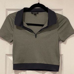 Topshop Navy and Olive Cropped Collar Top